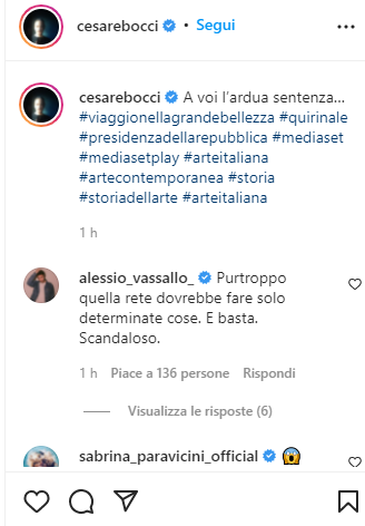 Il post di Cesare Bocci su Instagram per il rinvio di Viaggio nella Grande Bellezza - Speciale Quirinale