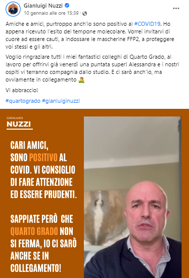 Gianluigi Nuzzi svela su Facebook di essere positivo al Covid e che condurrà Quarto Grado da remoto
