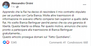 Il post del professore Orsini sul contratto per Cartabianca su Rai 3