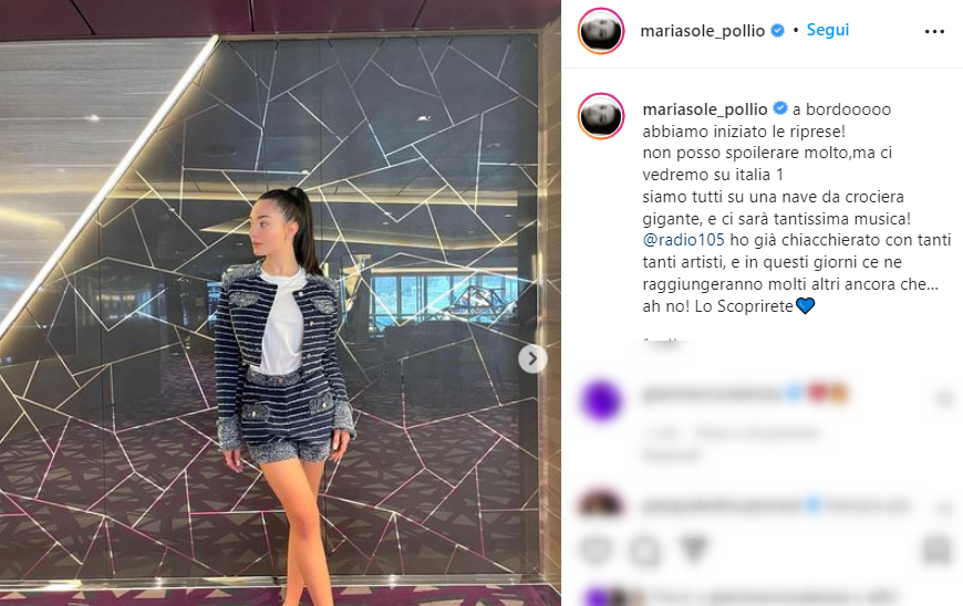 Mariasole Pollio annuncia su Instagram l'inizio delle registrazioni di Battiti Live - Il viaggio della musica