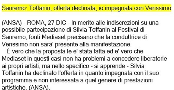Nota Ansa Silvia Toffanin Sanremo 2023