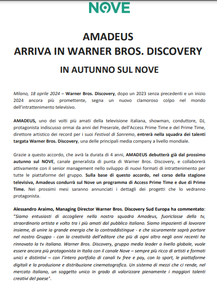 Discovery Warner Bros annuncia con un comunicato ufficiale il passaggio di Amadeus a Nove